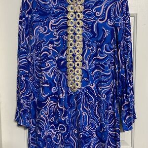 Blue and Pink Patterned Dress with Gold Accents